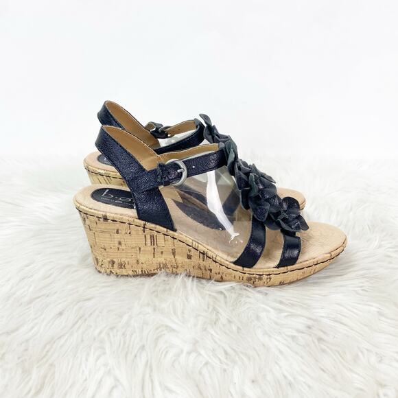 BOC Born Concepts 7 Women's Black Leather Floral Wedge Heel Ankle Strap Sandal - Picture 3 of 14